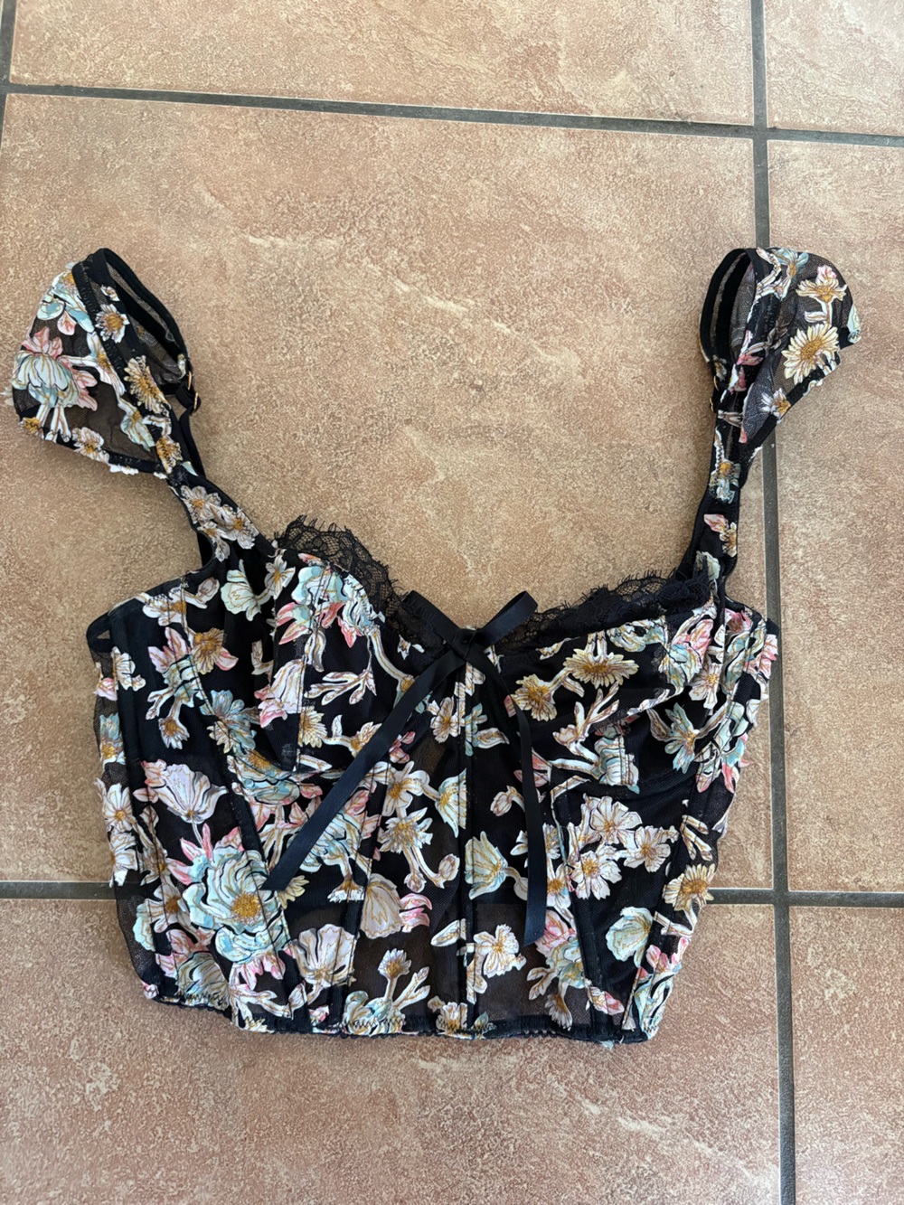 For Love & Lemons Black Floral Lace Bustier Top